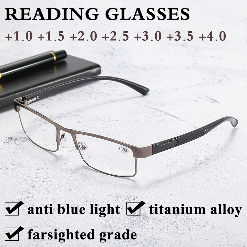 +100~+400 Reading Glasses Men Titanium Alloy Hinged Frame Anti-blue Light Presbyopia Glasses  Business Style Aspheric High Light Transparent Clear Lenses
