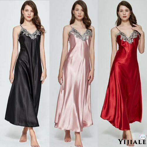 ◄∋ YJ★Women Satin Long Nightgowns Silk Lace Sexy Lingerie Sleeveless Deep V Nightdress Sleepwear