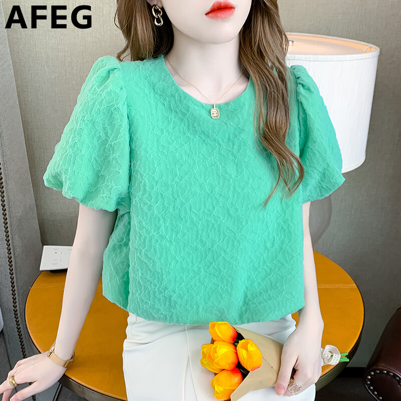AFEG new Korean version round neck pleated fashion loose all-match mesh puff sleeve blouse for women