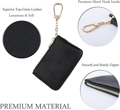 Full Grain Leather Coin Purse with Keychain - Small Coin Purse Keychain Keychain Pouch Small Keychain Wallet for Unisex, Black, Art Deco
