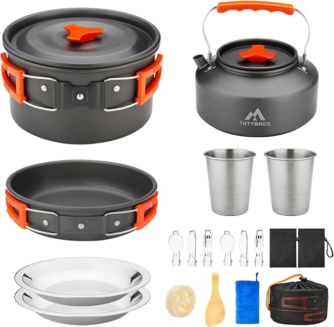 17-piece camping cookware set, 0.45 gallon pot, 7-inch frying pan, 0.30 gallon kettle set with 2 sets of stainless steel cups, plates, forks, knives and spoons, suitable for hiking