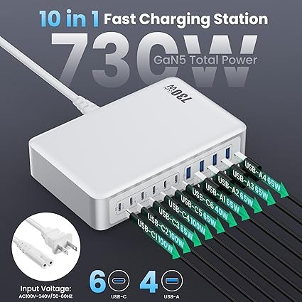 730W USB C Charger Block,10-Ports GaN V Fast Charging Station Hub,QC4.0+Three PD 100W Laptop Charger Wall Power Adapter for MacBook Pro/Air,DELL,iPhone 16/15/14,iPad,Galaxy S25,Pixel,Steam Desk etc
